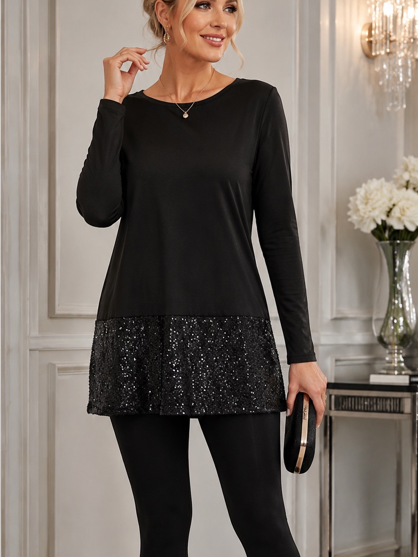 Kenzie Sequined Tunic Womens Large Stretchy Comfort Black